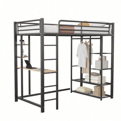 Hochbett mit Leiter 90*200cm , Einzelbett Kinderbett mit Tisch mit einfacher Aufhängung mit Ablagefächern, Weiß