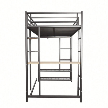 Hochbett mit Leiter 90*200cm , Einzelbett Kinderbett mit Tisch mit einfacher Aufhängung mit Ablagefächern, Weiß