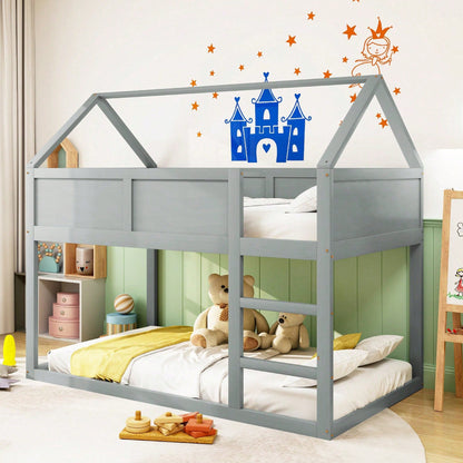 Etagen-Kinderbett, 90 * 200 cm, niedriges Etagen-Einzelbett, Hochbett mit Treppe, Massivholzrahmen, Holzfarbe.