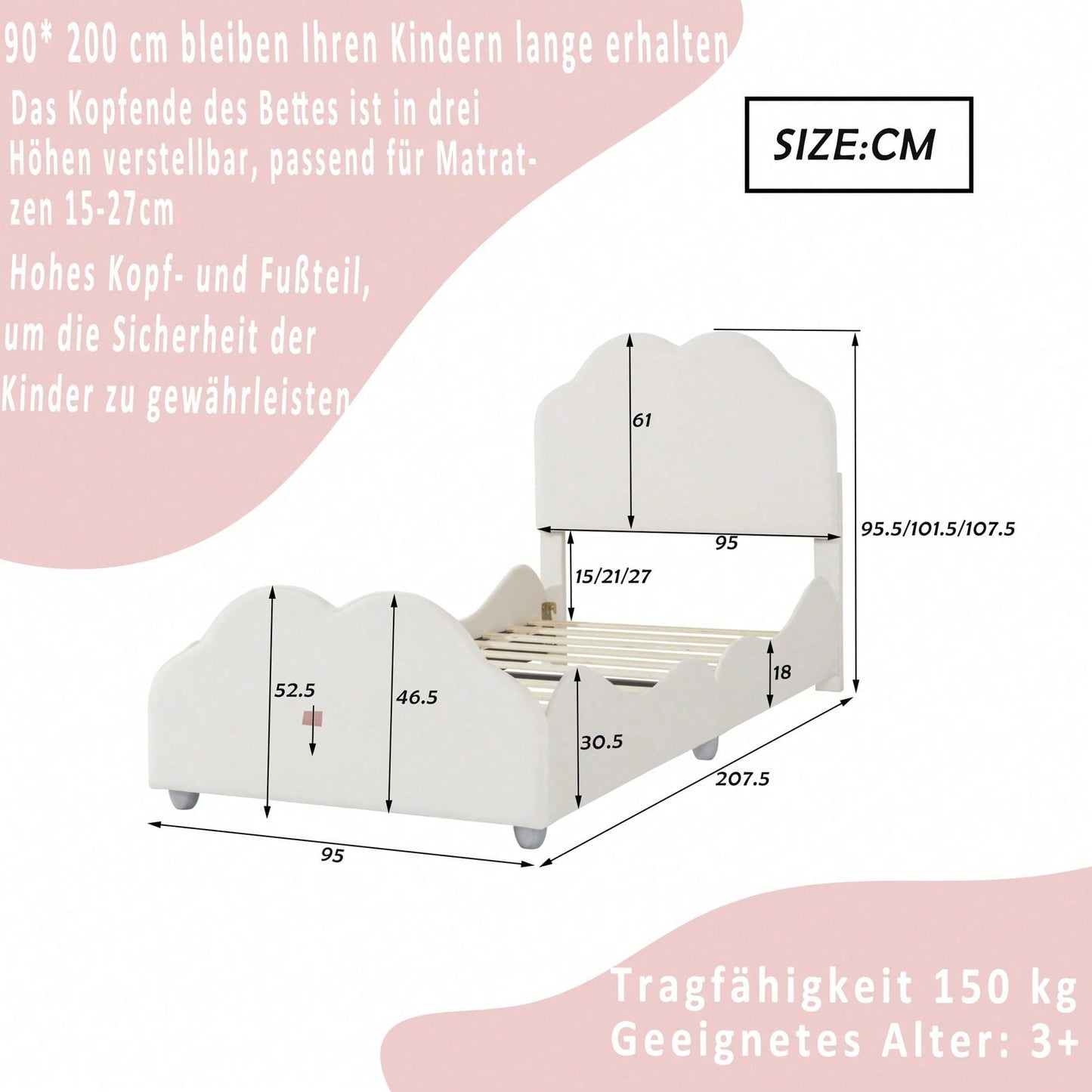 Polsterbett Kinderbett 90 x 200 cm hohes Geländer-Kinderbettgestell mit wolkenförmigem Kopf- und Fußteil. Einzelbett in hautfreundlichem Samt Beige