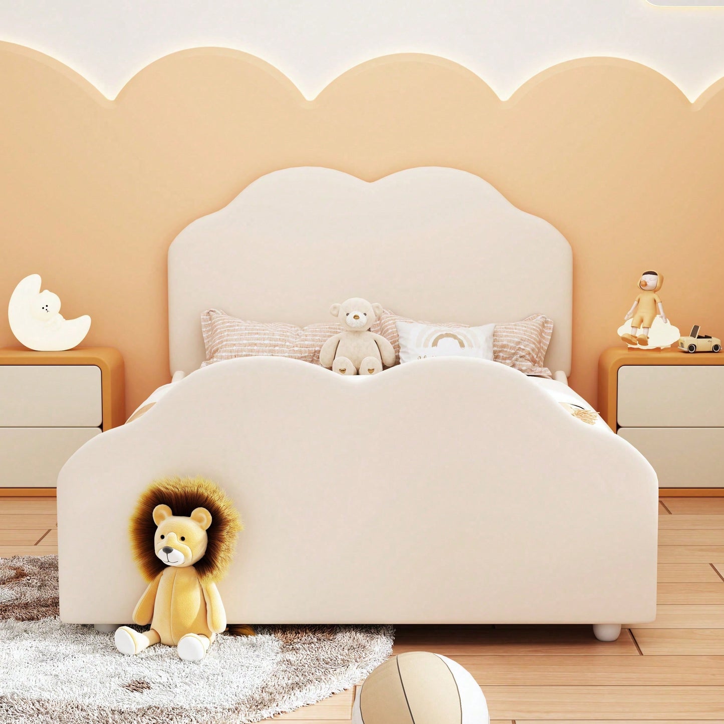Polsterbett Kinderbett 90 x 200 cm hohes Geländer-Kinderbettgestell mit wolkenförmigem Kopf- und Fußteil. Einzelbett in hautfreundlichem Samt Beige