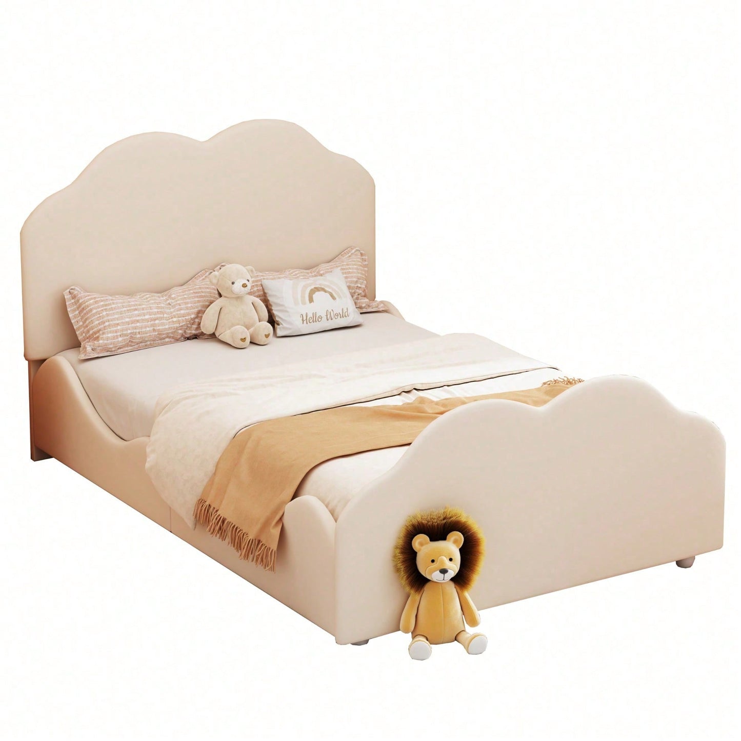 Polsterbett Kinderbett 90 x 200 cm hohes Geländer-Kinderbettgestell mit wolkenförmigem Kopf- und Fußteil. Einzelbett in hautfreundlichem Samt Beige