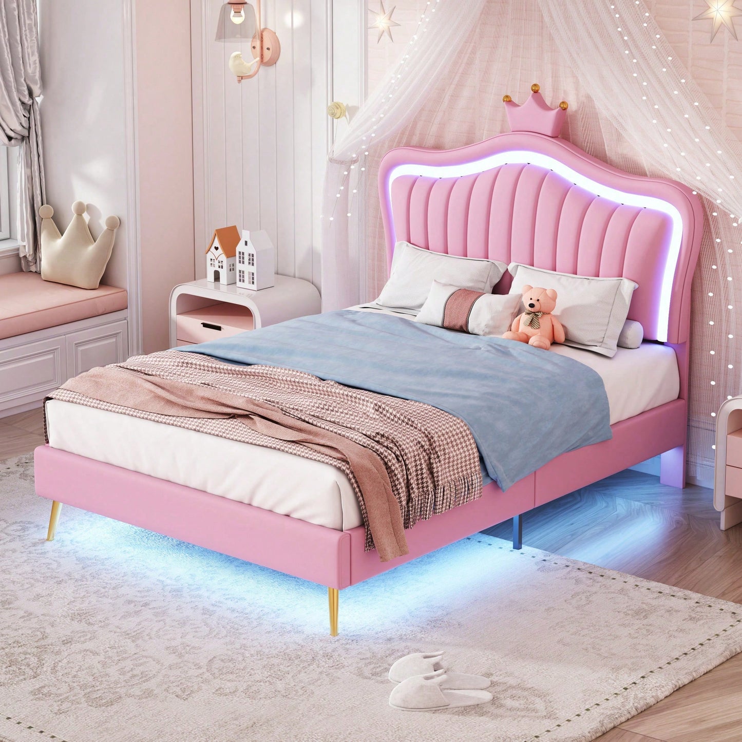 Kinderbett Polsterbet 90 x 200 cm, Bettgestell für Mädchen, weißes Kronen-Doppelbettgestell aus PU-Leder mit LED-Leuchten, Matratze nicht enthaltet,Lattenrost und Rückenlehne