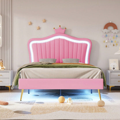 Kinderbett Polsterbet 90 x 200 cm, Bettgestell für Mädchen, weißes Kronen-Doppelbettgestell aus PU-Leder mit LED-Leuchten, Matratze nicht enthaltet,Lattenrost und Rückenlehne