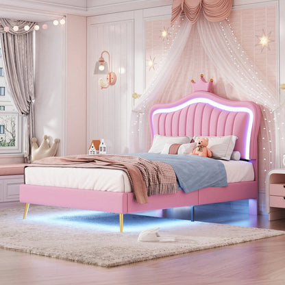 Kinderbett Polsterbet 90 x 200 cm, Bettgestell für Mädchen, weißes Kronen-Doppelbettgestell aus PU-Leder mit LED-Leuchten, Matratze nicht enthaltet,Lattenrost und Rückenlehne