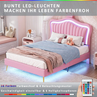 Kinderbett Polsterbet 90 x 200 cm, Bettgestell für Mädchen, weißes Kronen-Doppelbettgestell aus PU-Leder mit LED-Leuchten, Matratze nicht enthaltet,Lattenrost und Rückenlehne