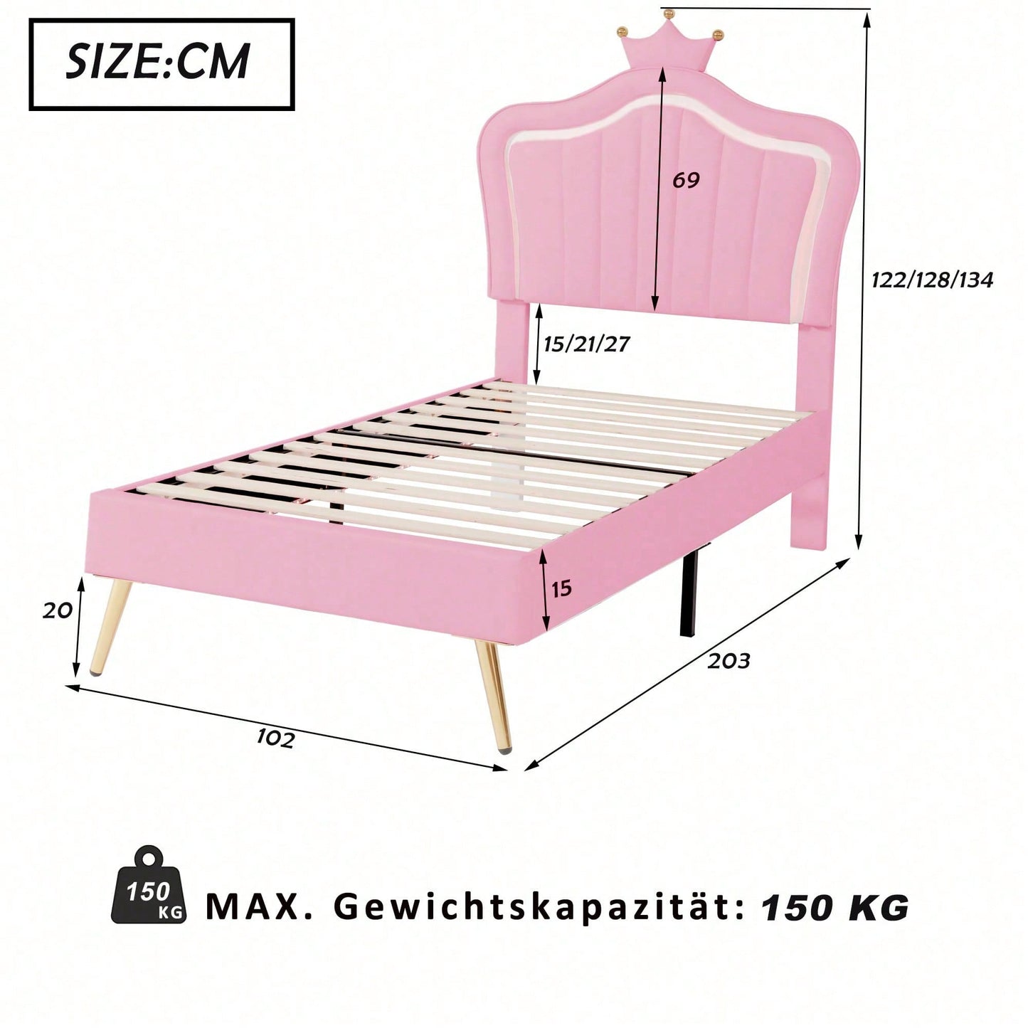 Kinderbett Polsterbet 90 x 200 cm, Bettgestell für Mädchen, weißes Kronen-Doppelbettgestell aus PU-Leder mit LED-Leuchten, Matratze nicht enthaltet,Lattenrost und Rückenlehne