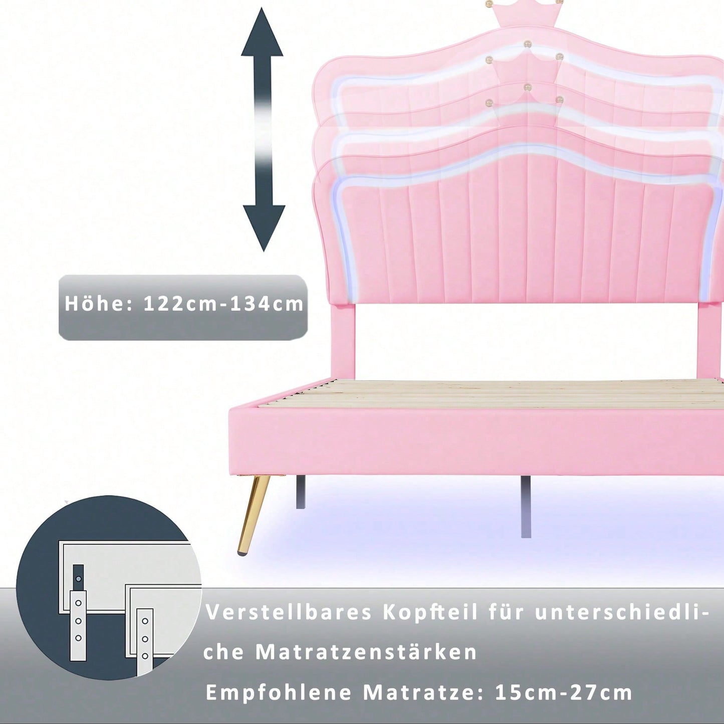Kinderbett Polsterbet 90 x 200 cm, Bettgestell für Mädchen, weißes Kronen-Doppelbettgestell aus PU-Leder mit LED-Leuchten, Matratze nicht enthaltet,Lattenrost und Rückenlehne
