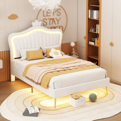 Kinderbett Polsterbet 90 x 200 cm, Bettgestell für Mädchen, weißes Kronen-Doppelbettgestell aus PU-Leder mit LED-Leuchten, Matratze nicht enthaltet,Lattenrost und Rückenlehne