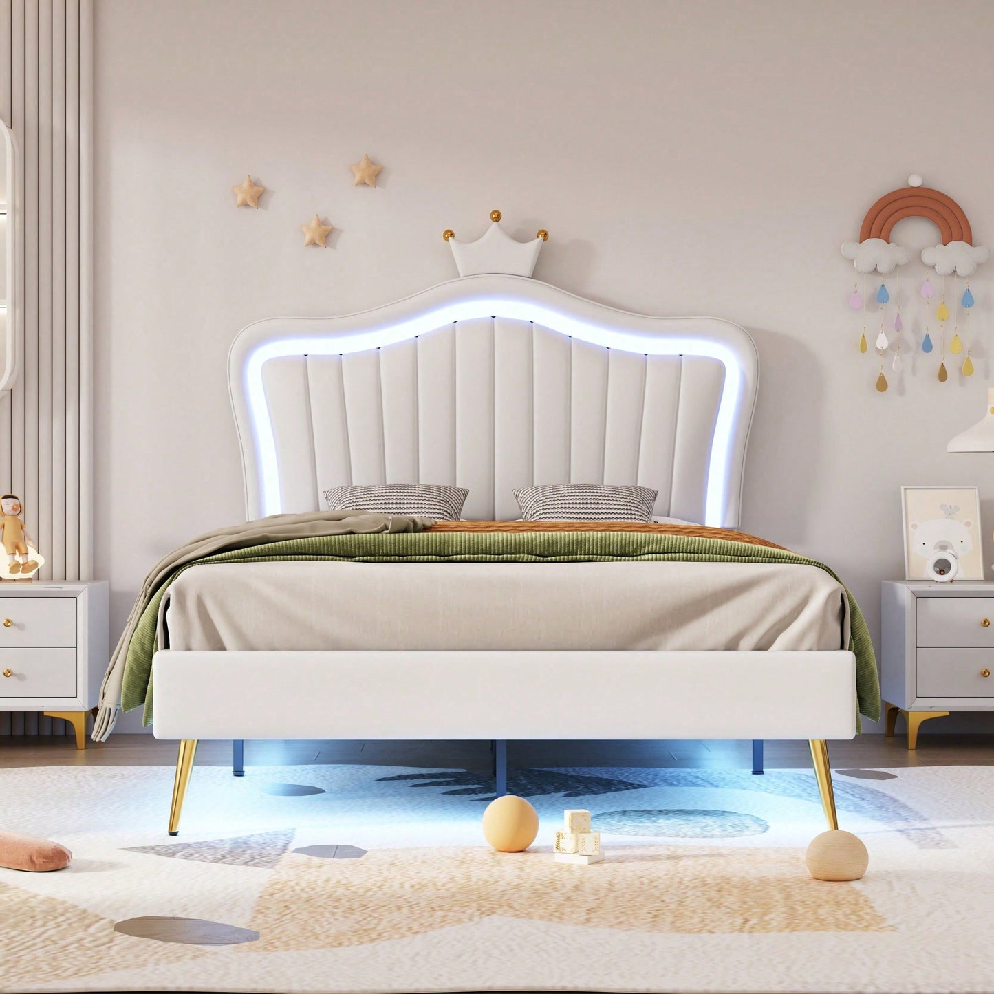 Kinderbett Polsterbet 90 x 200 cm, Bettgestell für Mädchen, weißes Kronen-Doppelbettgestell aus PU-Leder mit LED-Leuchten, Matratze nicht enthaltet,Lattenrost und Rückenlehne