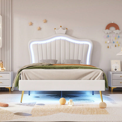 Kinderbett Polsterbet 90 x 200 cm, Bettgestell für Mädchen, weißes Kronen-Doppelbettgestell aus PU-Leder mit LED-Leuchten, Matratze nicht enthaltet,Lattenrost und Rückenlehne