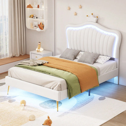 Kinderbett Polsterbet 90 x 200 cm, Bettgestell für Mädchen, weißes Kronen-Doppelbettgestell aus PU-Leder mit LED-Leuchten, Matratze nicht enthaltet,Lattenrost und Rückenlehne