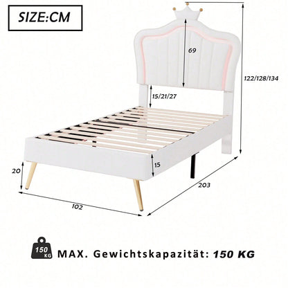Kinderbett Polsterbet 90 x 200 cm, Bettgestell für Mädchen, weißes Kronen-Doppelbettgestell aus PU-Leder mit LED-Leuchten, Matratze nicht enthaltet,Lattenrost und Rückenlehne