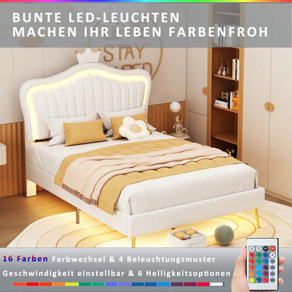 Kinderbett Polsterbet 90 x 200 cm, Bettgestell für Mädchen, weißes Kronen-Doppelbettgestell aus PU-Leder mit LED-Leuchten, Matratze nicht enthaltet,Lattenrost und Rückenlehne