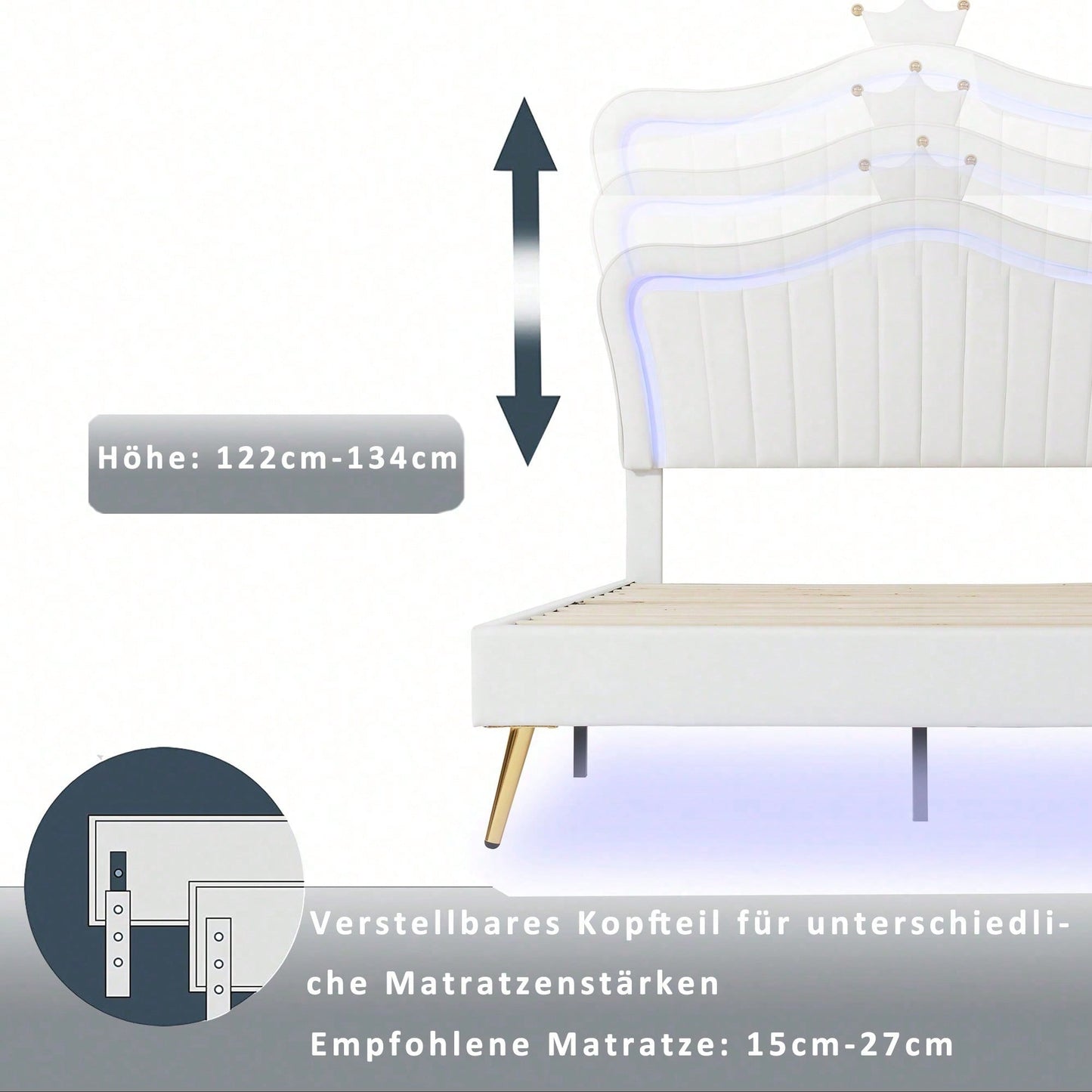 Kinderbett Polsterbet 90 x 200 cm, Bettgestell für Mädchen, weißes Kronen-Doppelbettgestell aus PU-Leder mit LED-Leuchten, Matratze nicht enthaltet,Lattenrost und Rückenlehne