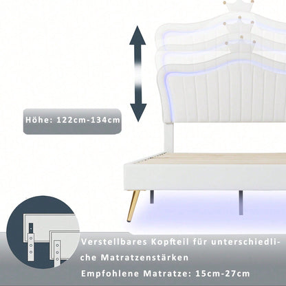 Kinderbett Polsterbet 90 x 200 cm, Bettgestell für Mädchen, weißes Kronen-Doppelbettgestell aus PU-Leder mit LED-Leuchten, Matratze nicht enthaltet,Lattenrost und Rückenlehne
