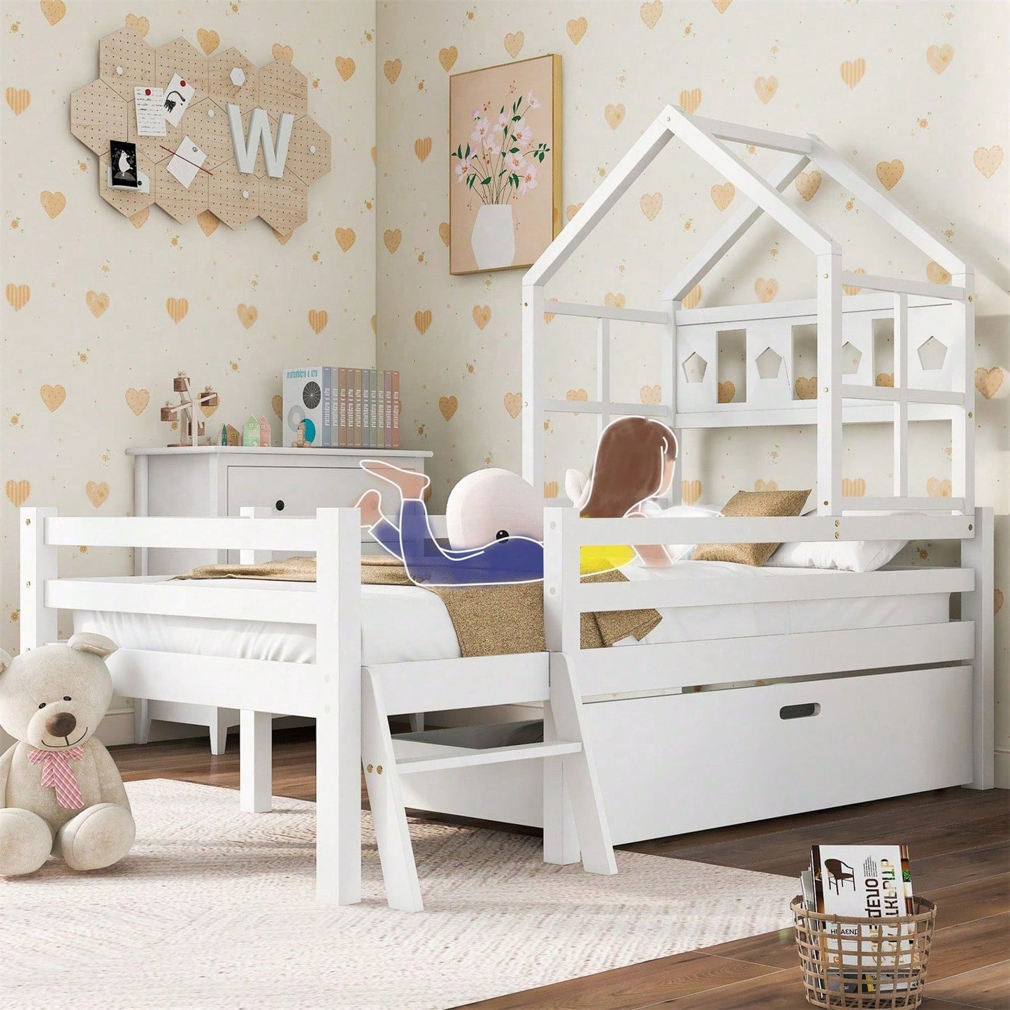 Hausbett Kinderbett mit Leiter und Schubladen, inkl. Lattenrost,Hochbett Massivholz mit Rausfallschutz 90x200cm Weiß
