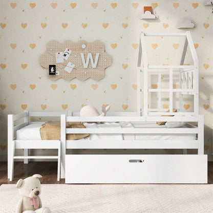 Hausbett Kinderbett mit Leiter und Schubladen, inkl. Lattenrost,Hochbett Massivholz mit Rausfallschutz 90x200cm Weiß
