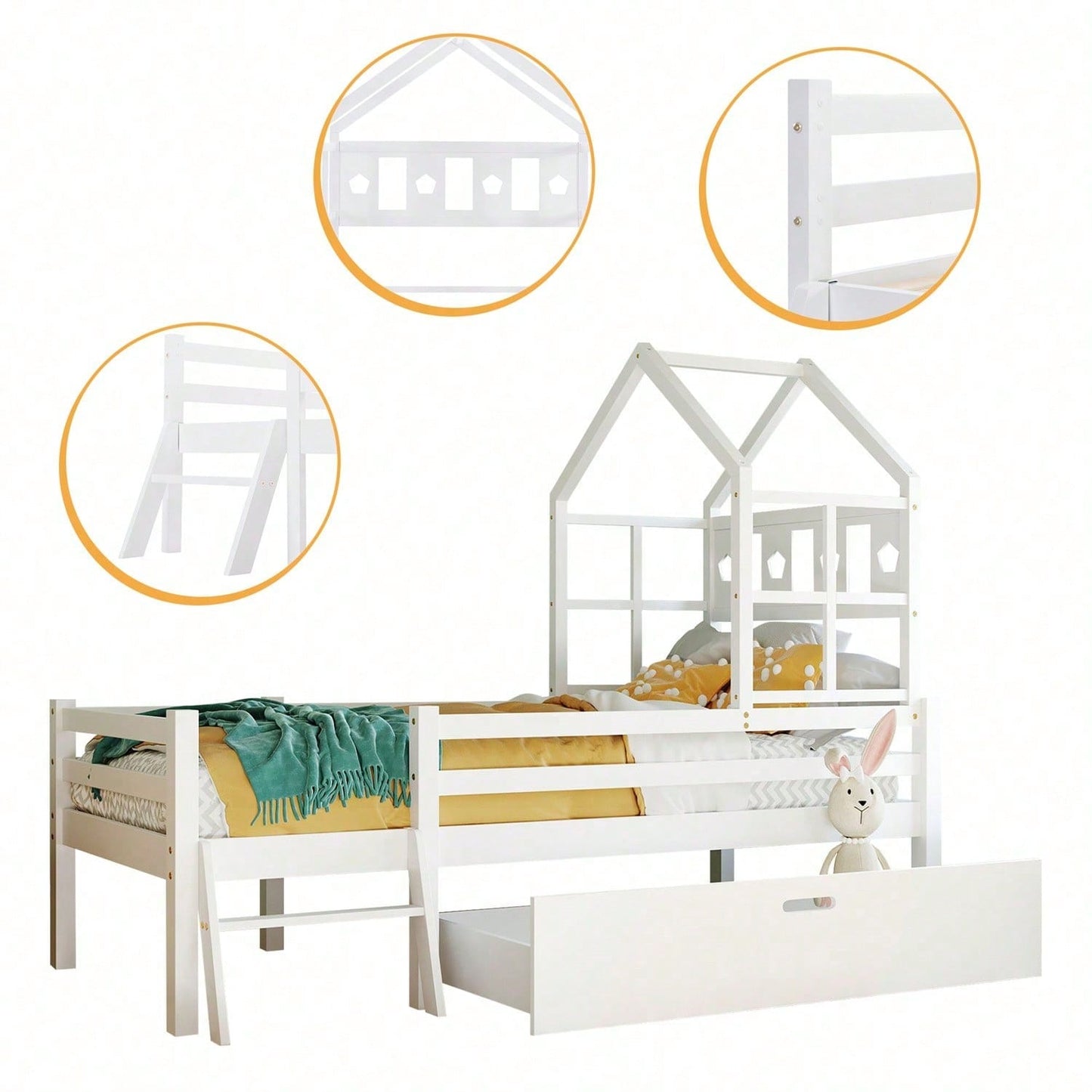 Hausbett Kinderbett mit Leiter und Schubladen, inkl. Lattenrost,Hochbett Massivholz mit Rausfallschutz 90x200cm Weiß