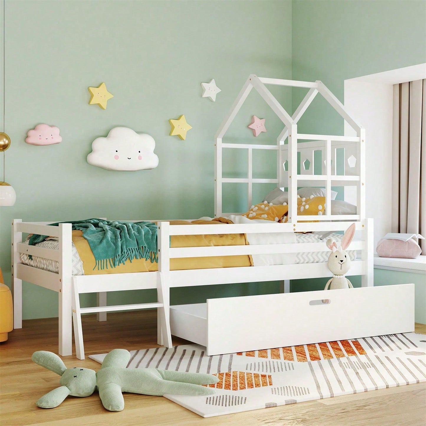Hausbett Kinderbett mit Leiter und Schubladen, inkl. Lattenrost,Hochbett Massivholz mit Rausfallschutz 90x200cm Weiß