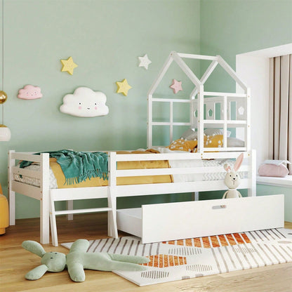 Hausbett Kinderbett mit Leiter und Schubladen, inkl. Lattenrost,Hochbett Massivholz mit Rausfallschutz 90x200cm Weiß
