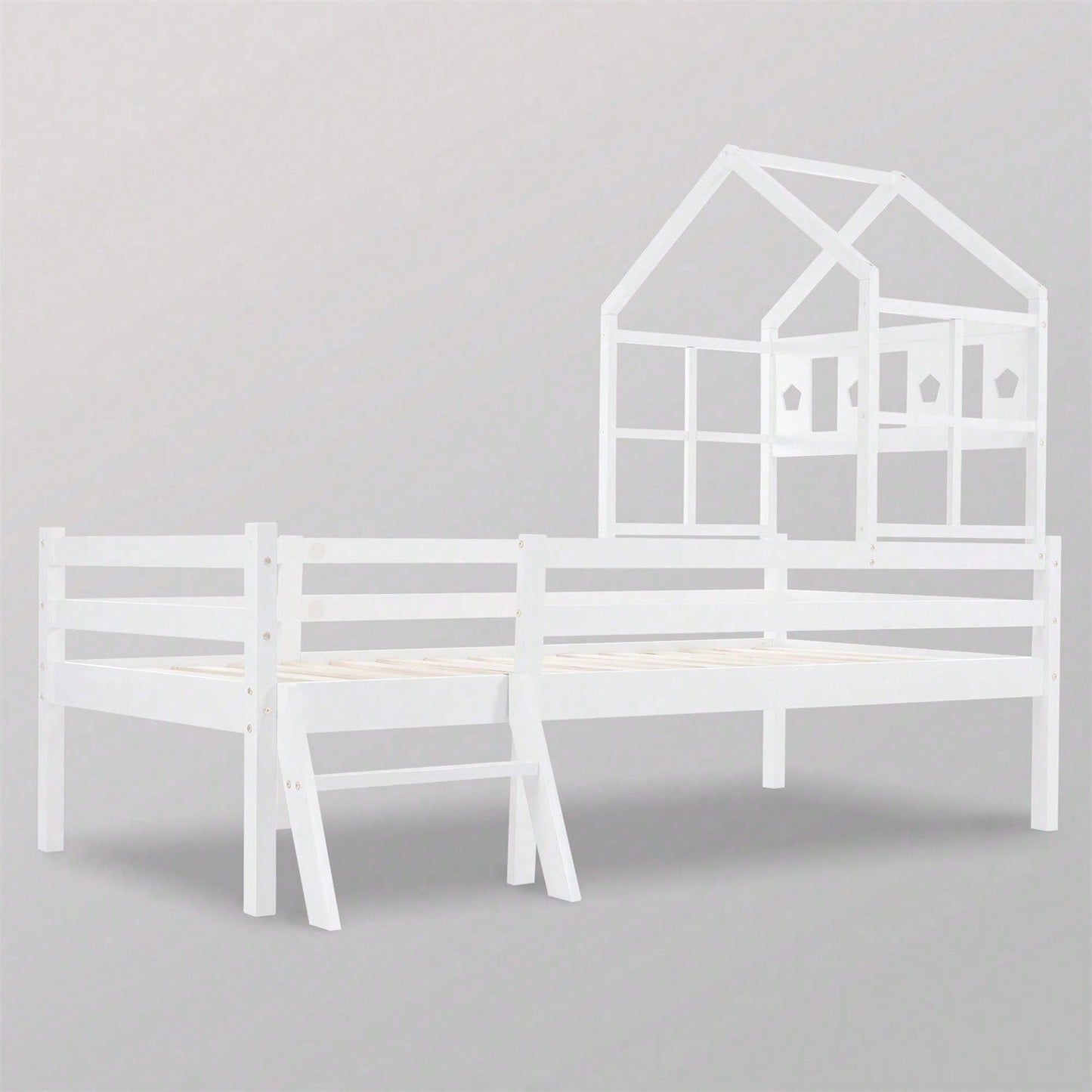 Hausbett Kinderbett mit Leiter und Schubladen, inkl. Lattenrost,Hochbett Massivholz mit Rausfallschutz 90x200cm Weiß