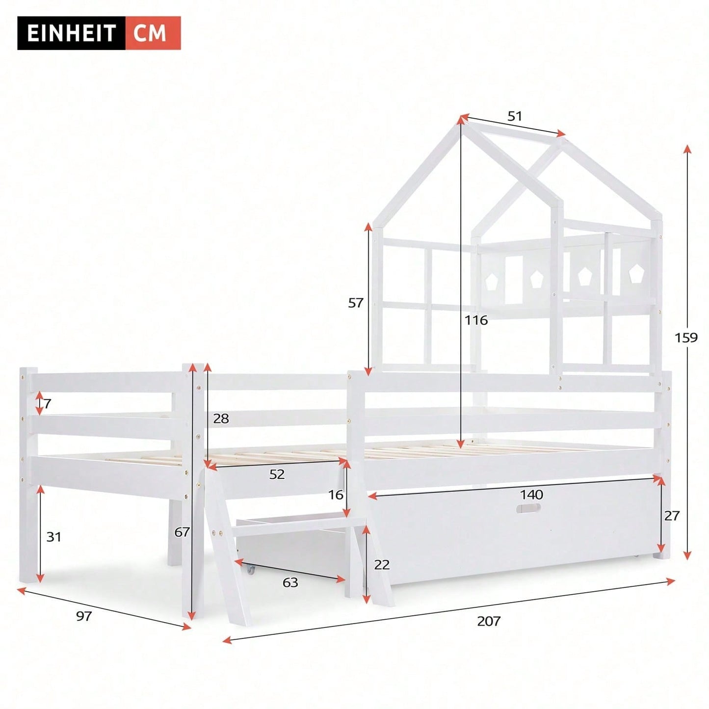 Hausbett Kinderbett mit Leiter und Schubladen, inkl. Lattenrost,Hochbett Massivholz mit Rausfallschutz 90x200cm Weiß