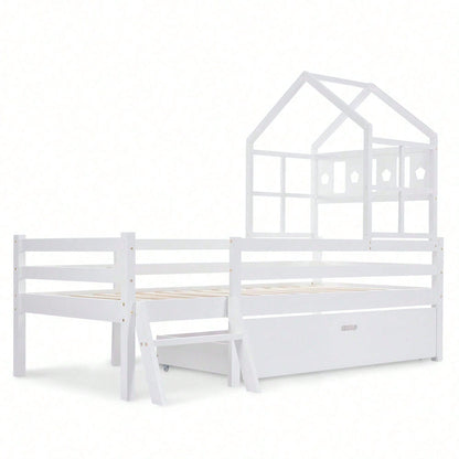 Hausbett Kinderbett mit Leiter und Schubladen, inkl. Lattenrost,Hochbett Massivholz mit Rausfallschutz 90x200cm Weiß