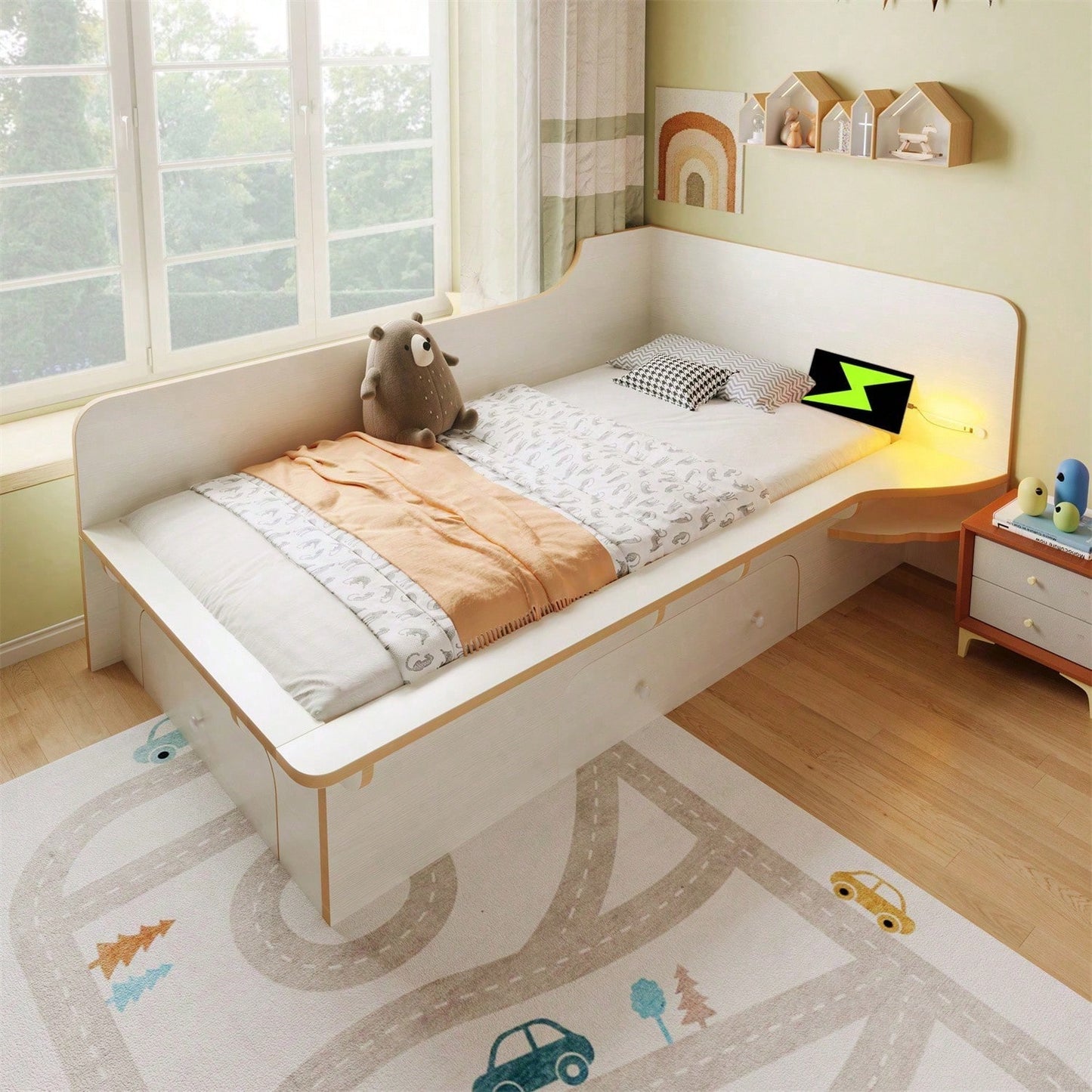 Kinderbett 90 x 200 cm, Holzbett mit Leselicht, USB, Type C und 3 Schubladen, Bettgestell für Erwachsene, Kinder und Jugendliche, rutschfestes Design, weiß