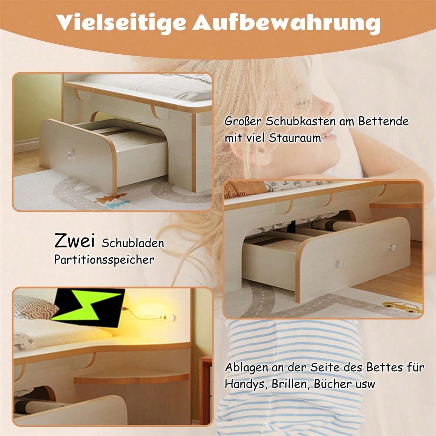 Kinderbett 90 x 200 cm, Holzbett mit Leselicht, USB, Type C und 3 Schubladen, Bettgestell für Erwachsene, Kinder und Jugendliche, rutschfestes Design, weiß