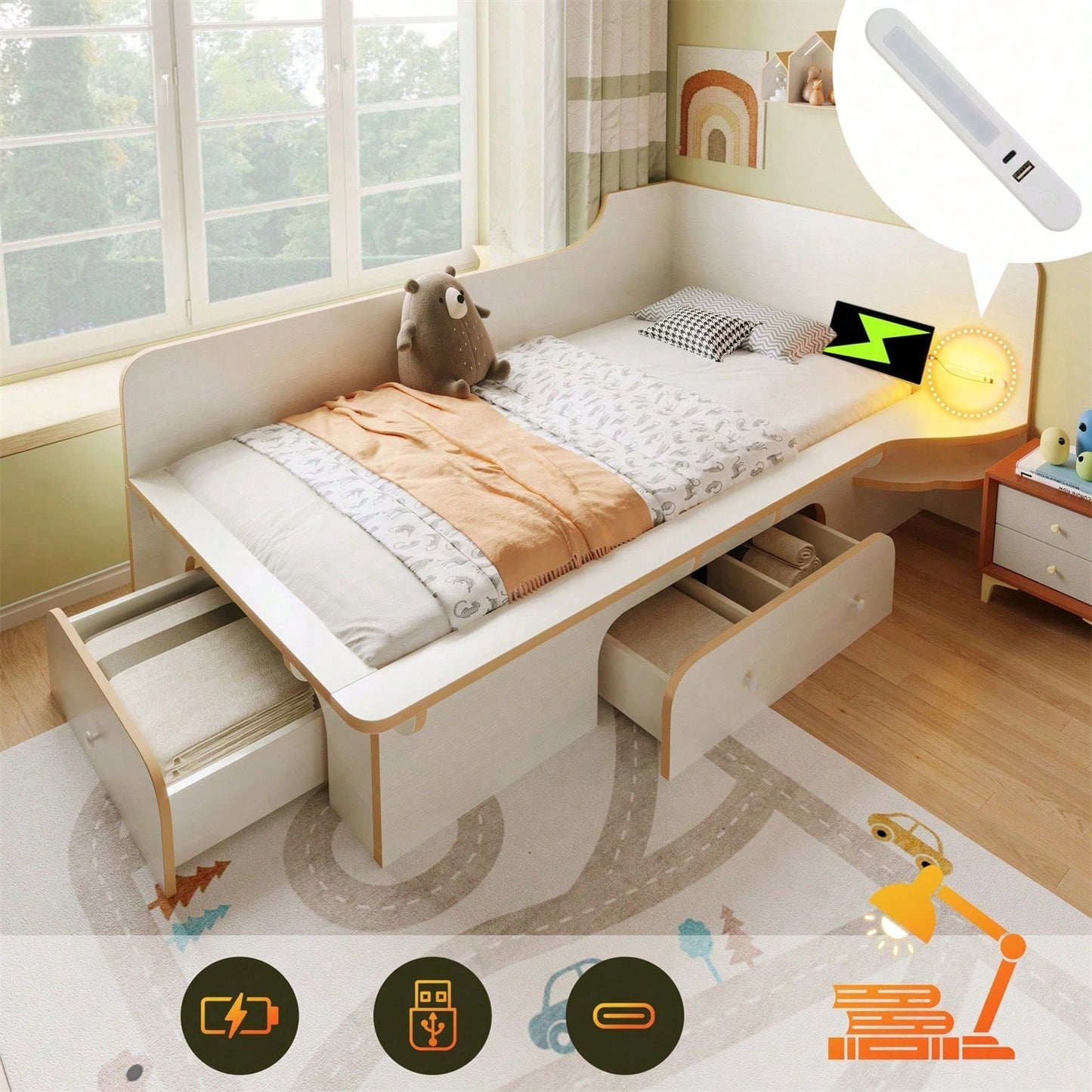 Kinderbett 90 x 200 cm, Holzbett mit Leselicht, USB, Type C und 3 Schubladen, Bettgestell für Erwachsene, Kinder und Jugendliche, rutschfestes Design, weiß