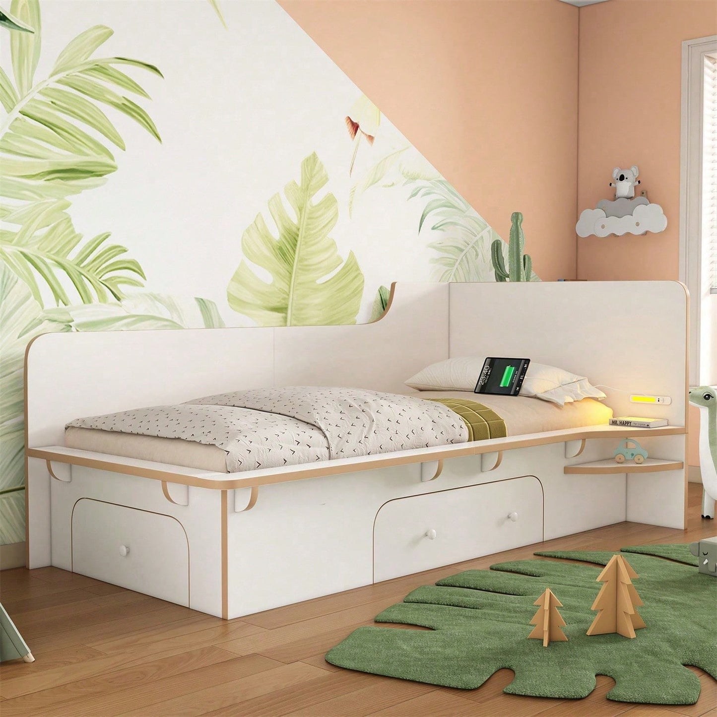 Kinderbett 90 x 200 cm, Holzbett mit Leselicht, USB, Type C und 3 Schubladen, Bettgestell für Erwachsene, Kinder und Jugendliche, rutschfestes Design, weiß