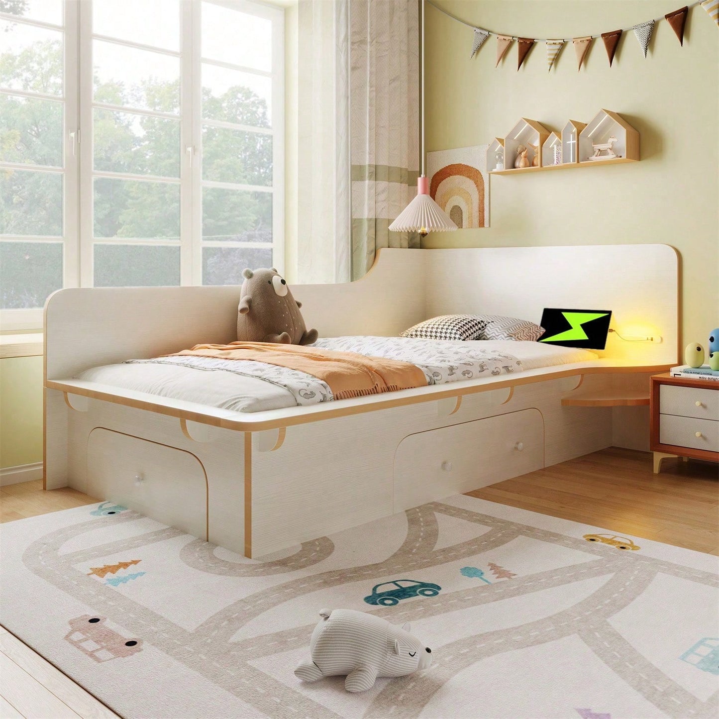 Kinderbett 90 x 200 cm, Holzbett mit Leselicht, USB, Type C und 3 Schubladen, Bettgestell für Erwachsene, Kinder und Jugendliche, rutschfestes Design, weiß