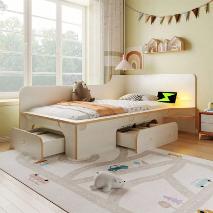 Kinderbett 90 x 200 cm, Holzbett mit Leselicht, USB, Type C und 3 Schubladen, Bettgestell für Erwachsene, Kinder und Jugendliche, rutschfestes Design, weiß