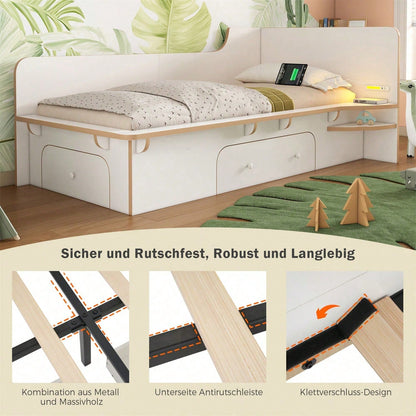 Kinderbett 90 x 200 cm, Holzbett mit Leselicht, USB, Type C und 3 Schubladen, Bettgestell für Erwachsene, Kinder und Jugendliche, rutschfestes Design, weiß