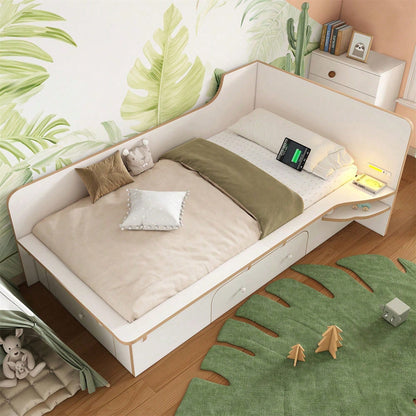 Kinderbett 90 x 200 cm, Holzbett mit Leselicht, USB, Type C und 3 Schubladen, Bettgestell für Erwachsene, Kinder und Jugendliche, rutschfestes Design, weiß