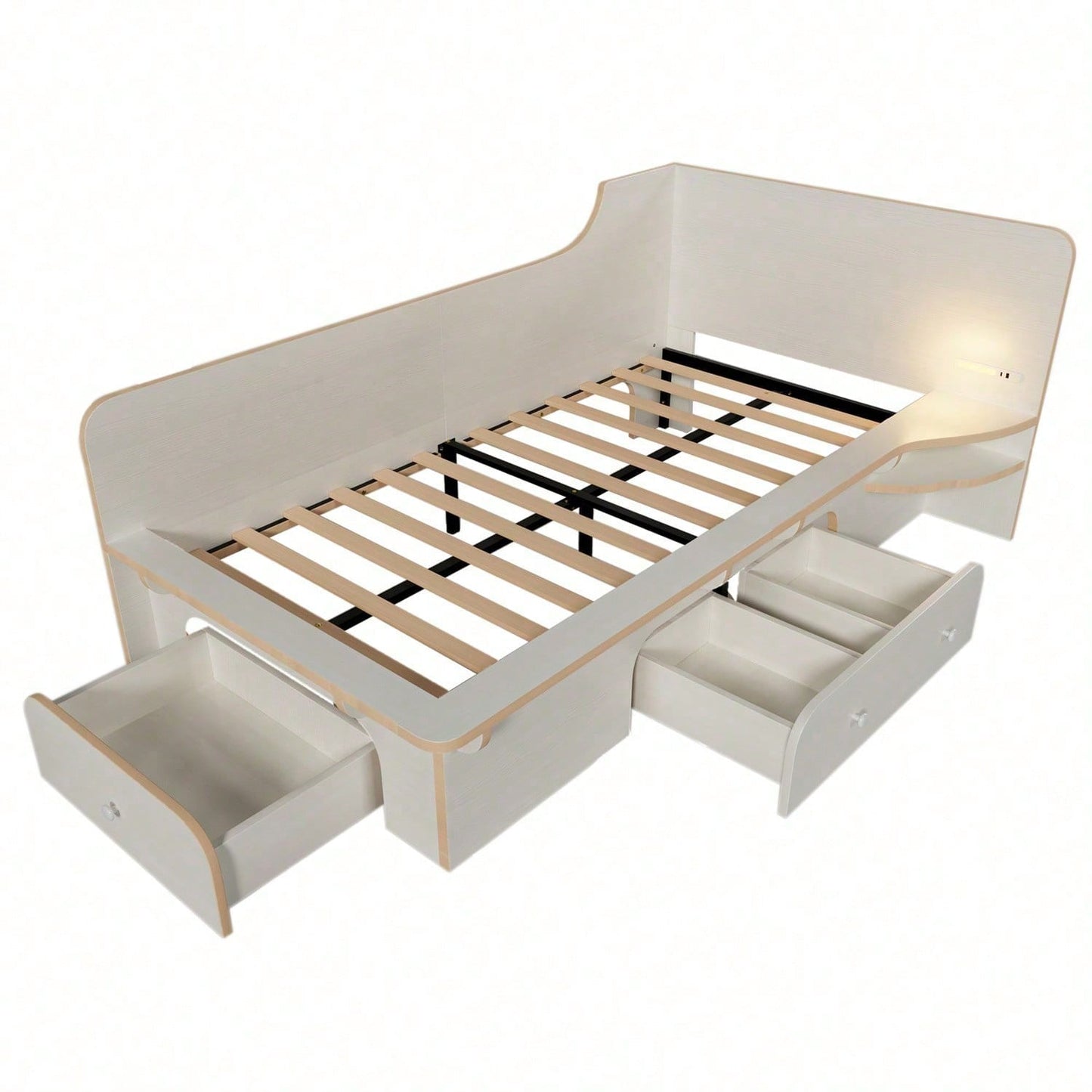 Kinderbett 90 x 200 cm, Holzbett mit Leselicht, USB, Type C und 3 Schubladen, Bettgestell für Erwachsene, Kinder und Jugendliche, rutschfestes Design, weiß