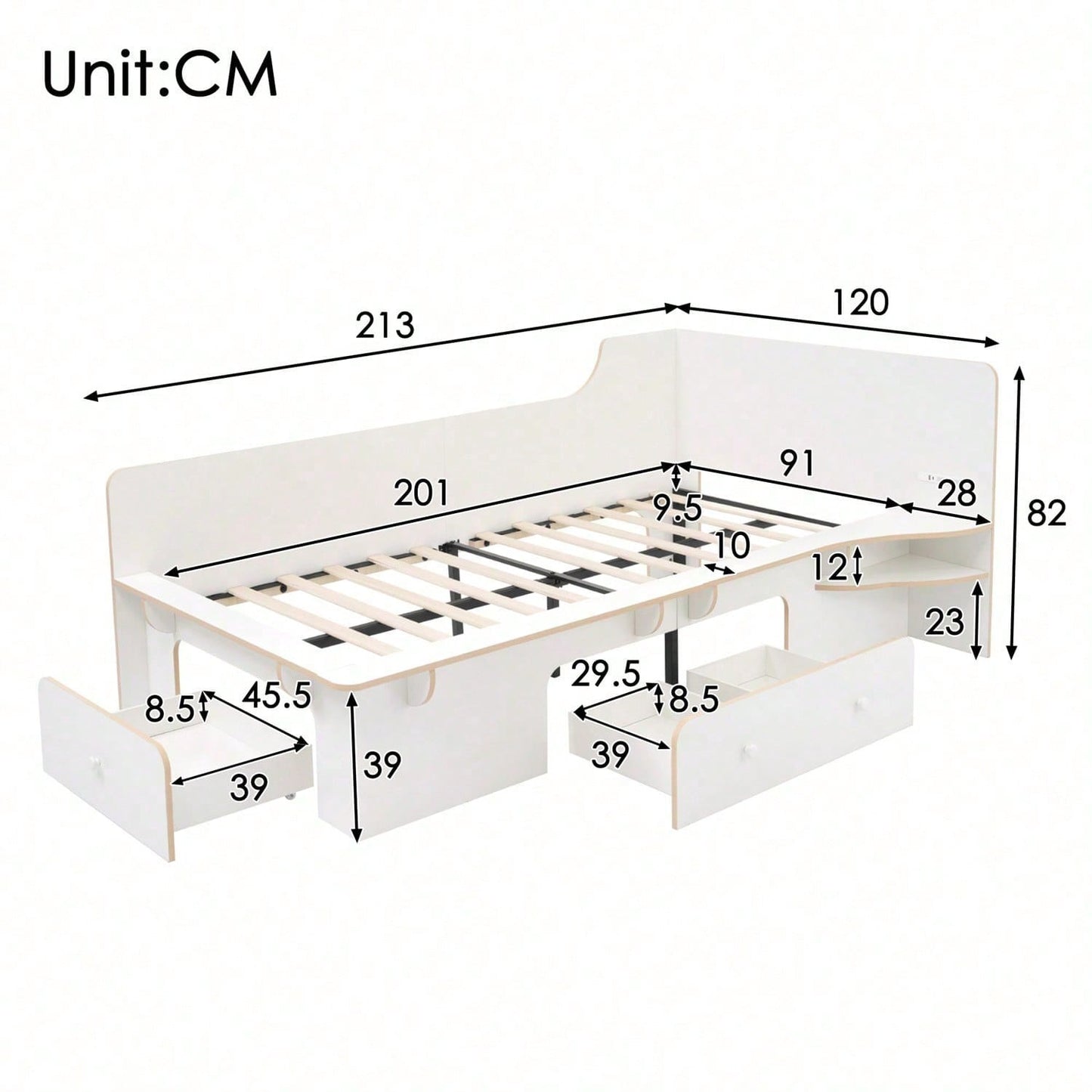 Kinderbett 90 x 200 cm, Holzbett mit Leselicht, USB, Type C und 3 Schubladen, Bettgestell für Erwachsene, Kinder und Jugendliche, rutschfestes Design, weiß