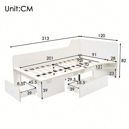 Kinderbett 90 x 200 cm, Holzbett mit Leselicht, USB, Type C und 3 Schubladen, Bettgestell für Erwachsene, Kinder und Jugendliche, rutschfestes Design, weiß