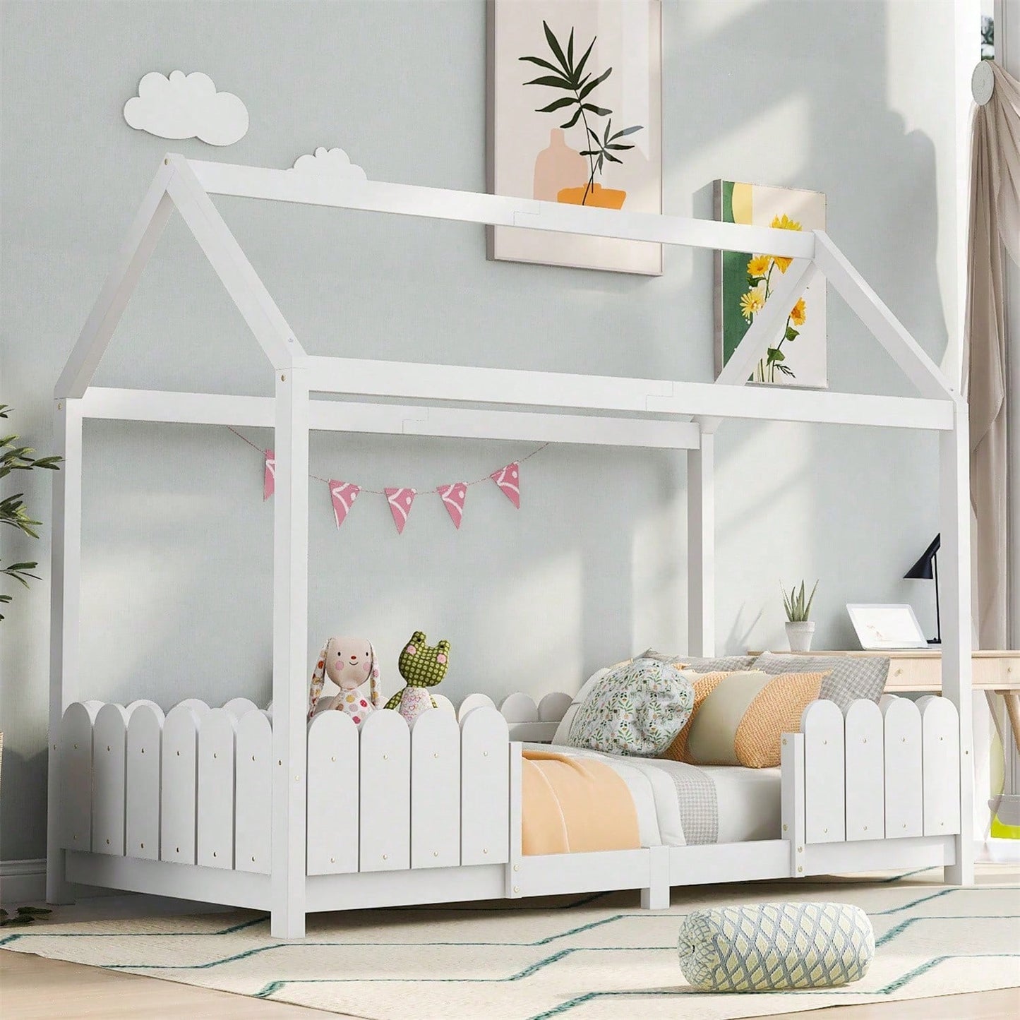 Hausbett 90x200 cm - vielseitiges Holz Kinderbett für Jungen & Mädchen - Mit Rausfallschutz und Lattenrost – Grau (Ohne Matratze)
