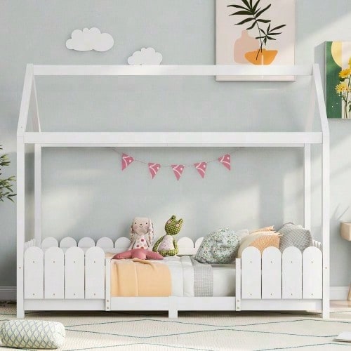 Hausbett 90x200 cm - vielseitiges Holz Kinderbett für Jungen & Mädchen - Mit Rausfallschutz und Lattenrost – Grau (Ohne Matratze)