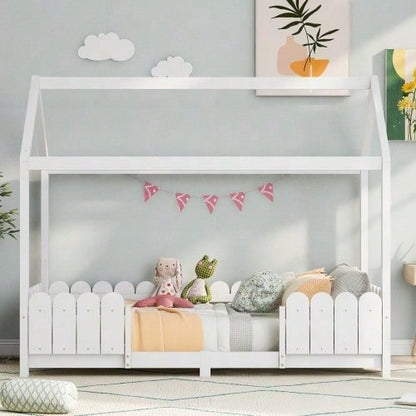 Hausbett 90x200 cm - vielseitiges Holz Kinderbett für Jungen & Mädchen - Mit Rausfallschutz und Lattenrost – Grau (Ohne Matratze)