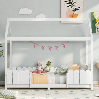 Hausbett 90x200 cm - vielseitiges Holz Kinderbett für Jungen & Mädchen - Mit Rausfallschutz und Lattenrost – Grau (Ohne Matratze)