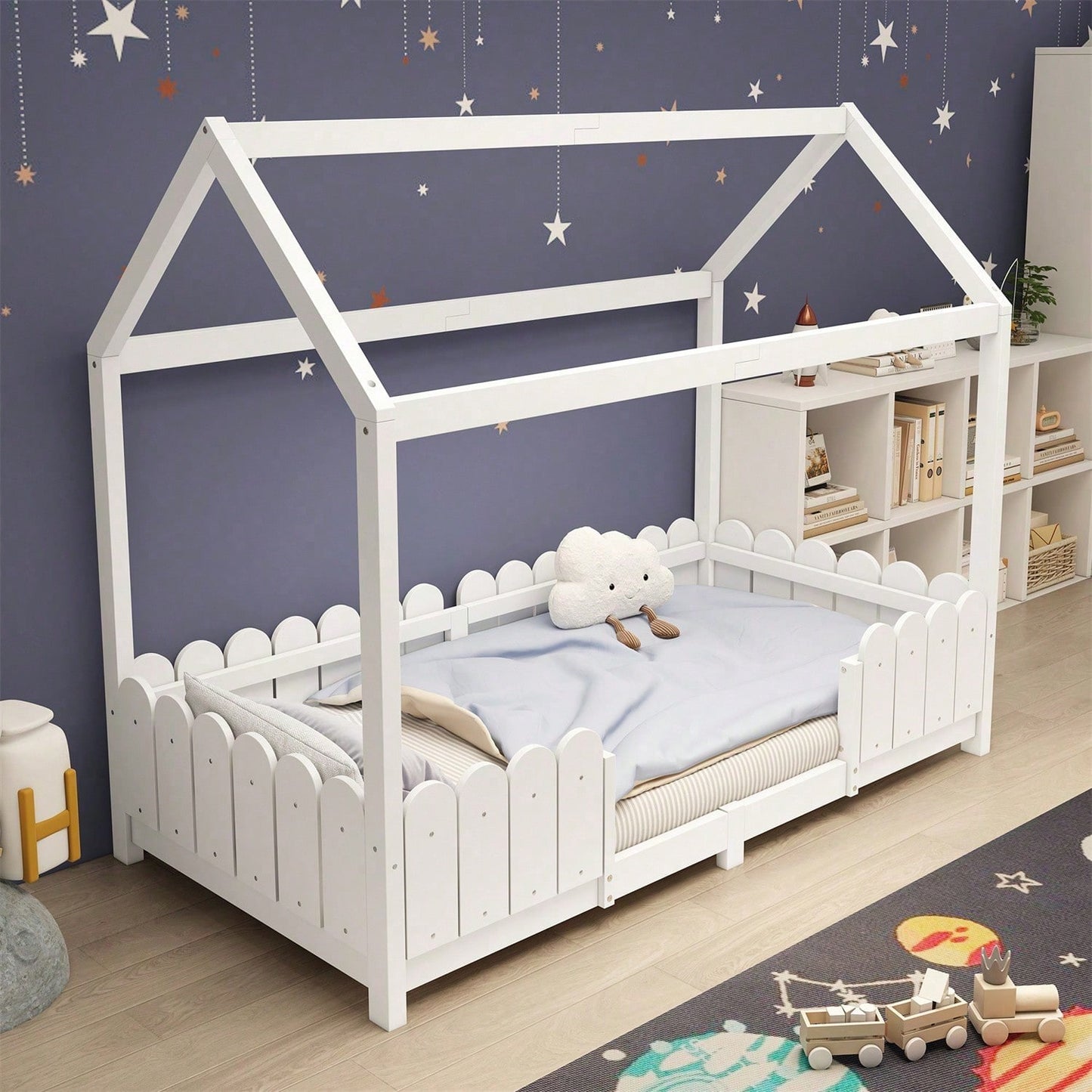 Hausbett 90x200 cm - vielseitiges Holz Kinderbett für Jungen & Mädchen - Mit Rausfallschutz und Lattenrost – Grau (Ohne Matratze)