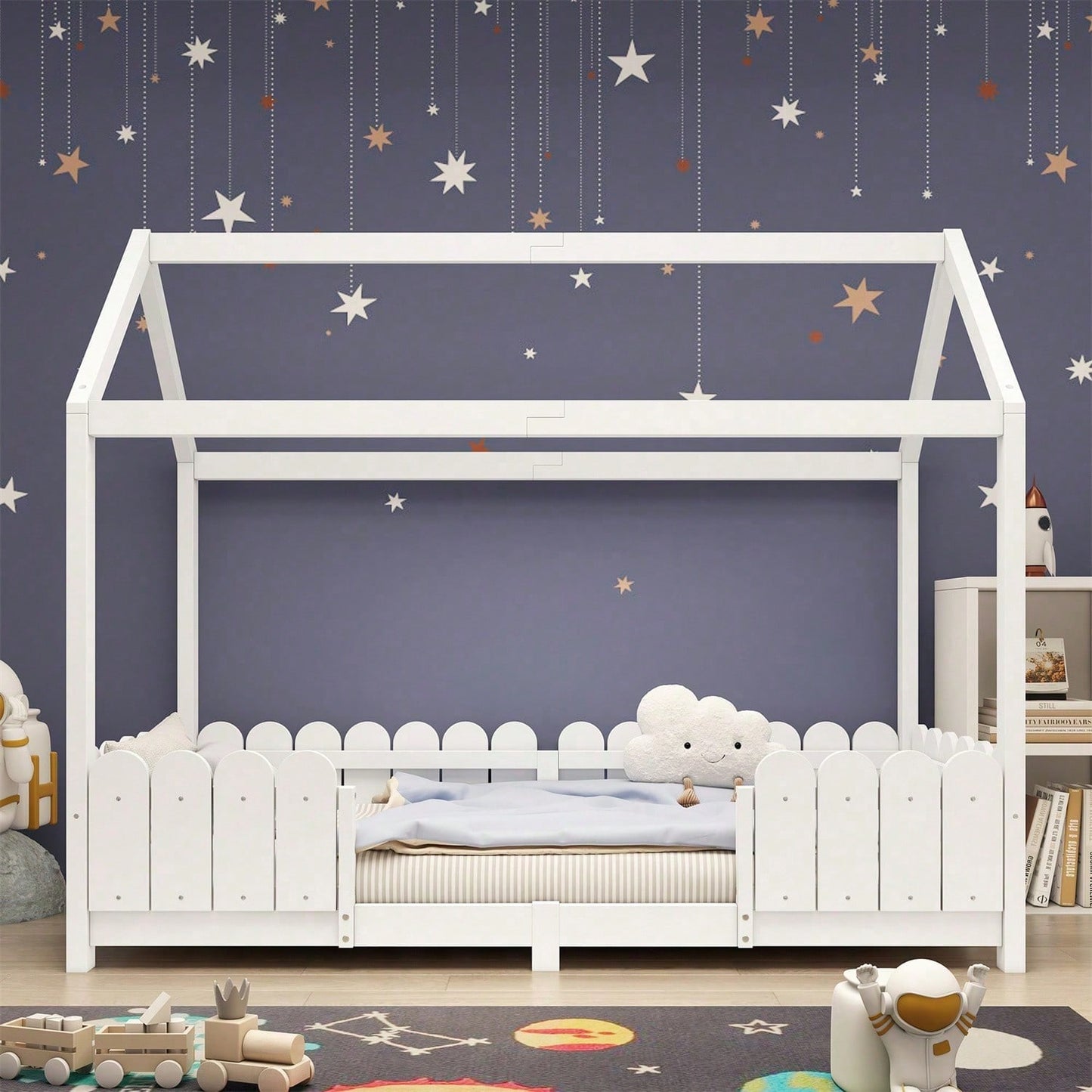 Hausbett 90x200 cm - vielseitiges Holz Kinderbett für Jungen & Mädchen - Mit Rausfallschutz und Lattenrost – Grau (Ohne Matratze)