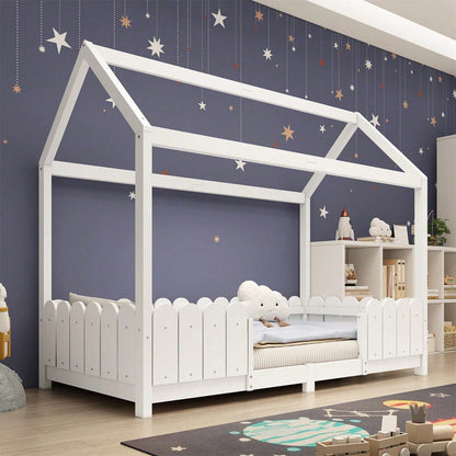 Hausbett 90x200 cm - vielseitiges Holz Kinderbett für Jungen & Mädchen - Mit Rausfallschutz und Lattenrost – Grau (Ohne Matratze)