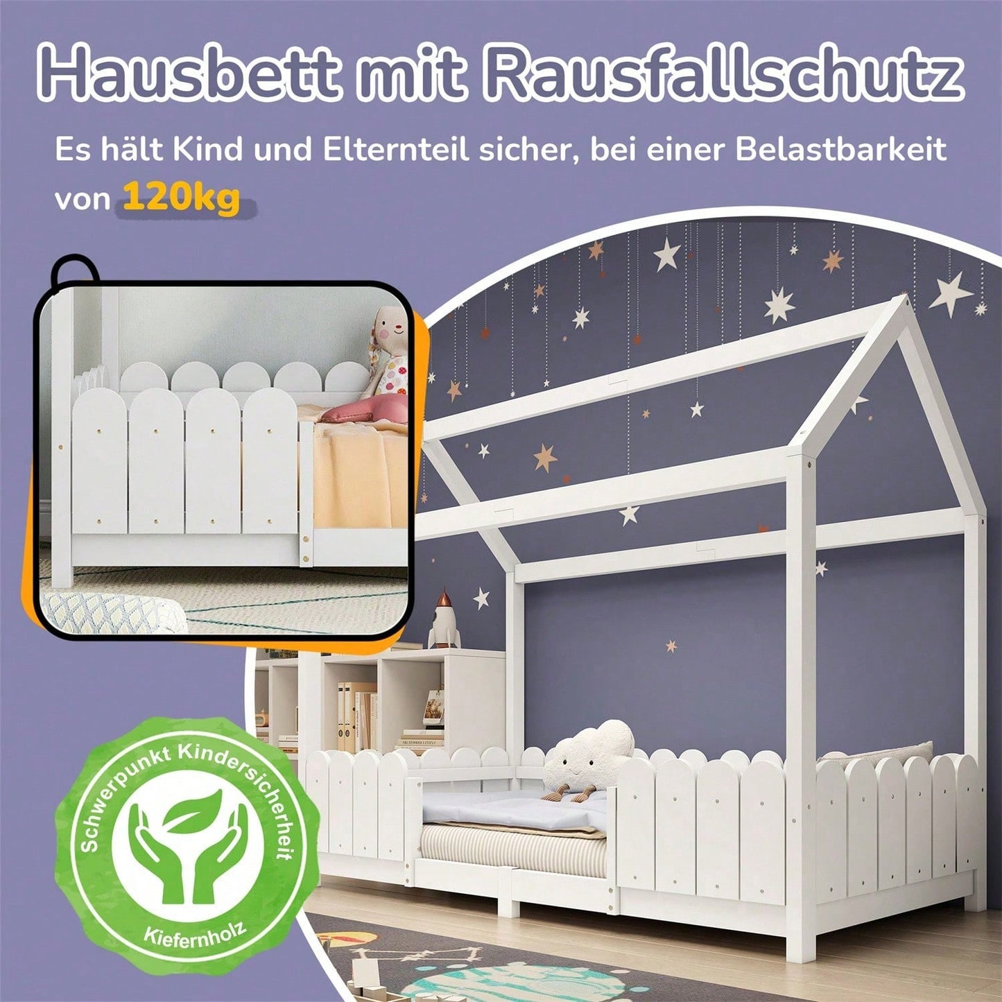 Hausbett 90x200 cm - vielseitiges Holz Kinderbett für Jungen & Mädchen - Mit Rausfallschutz und Lattenrost – Grau (Ohne Matratze)