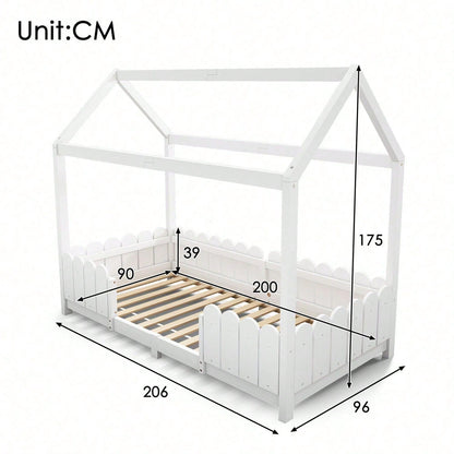 Hausbett 90x200 cm - vielseitiges Holz Kinderbett für Jungen & Mädchen - Mit Rausfallschutz und Lattenrost – Grau (Ohne Matratze)