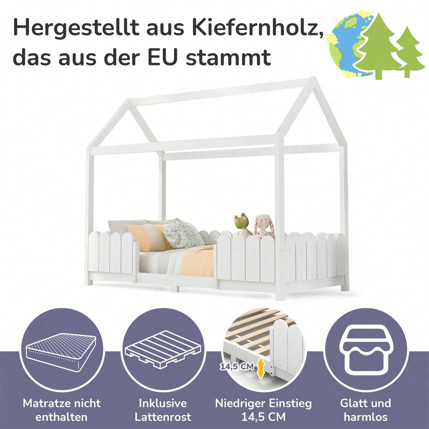 Hausbett 90x200 cm - vielseitiges Holz Kinderbett für Jungen & Mädchen - Mit Rausfallschutz und Lattenrost – Grau (Ohne Matratze)