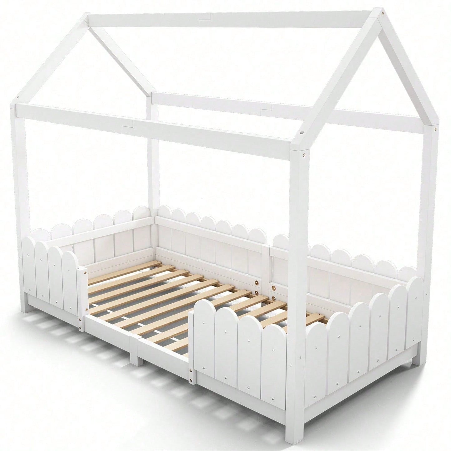Hausbett 90x200 cm - vielseitiges Holz Kinderbett für Jungen & Mädchen - Mit Rausfallschutz und Lattenrost – Grau (Ohne Matratze)